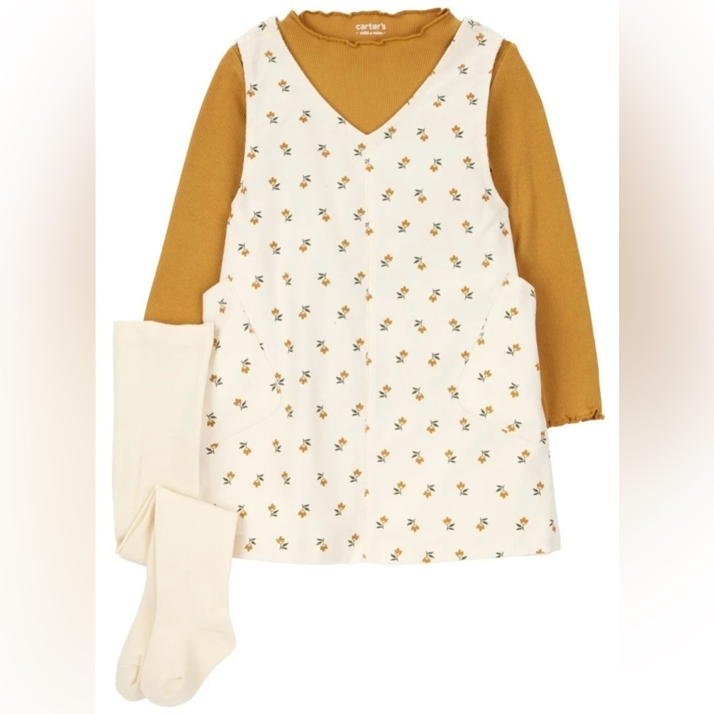 Carter's Cream Floral Dress and Gold Long Sleeve Top Set 3 Piece - Picture 4 of 16